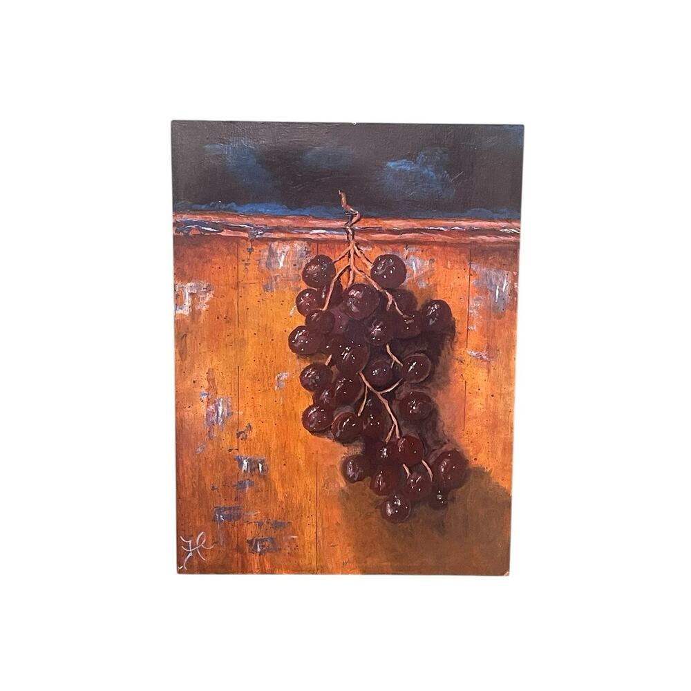 Vintage Oil Painting of Still Life Grapes Artist Signed Unframed Midcentury Mood